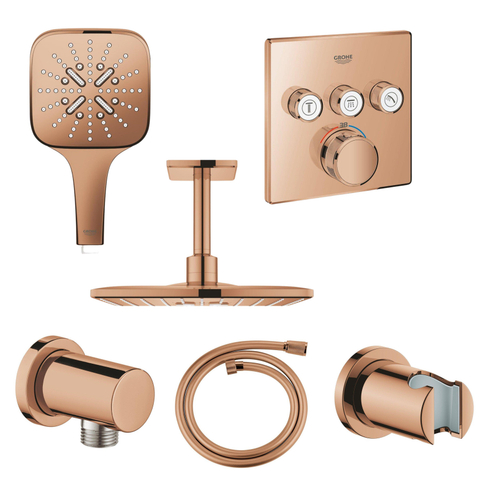 Grohe Rainshower SmartActive Regendoucheset Opbouw -hoofddouche vierkant 31cm - handdouche vierkant - plafondarm - inbouwbox - (glans) - warm sunset (koper) SW1182667