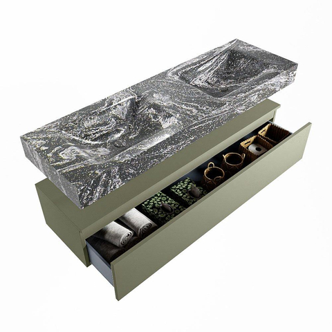 Mondiaz ALAN-DLUX Ensemble de meuble - 150cm - meuble Army mat - 1 tiroir - Lavabo Cloud Lava suspendu - vasque Gauche et droite - 2 trous de robinet SW808517