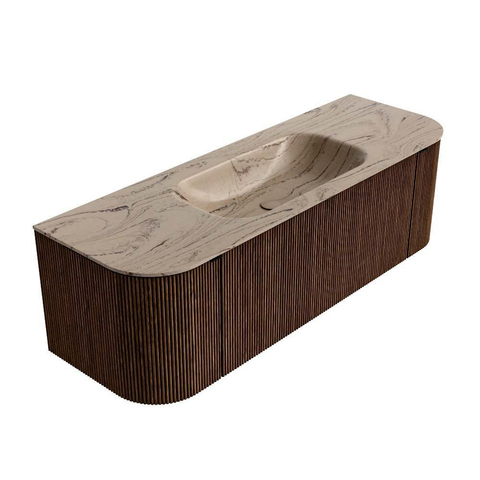 MONDIAZ KURVE-DLUX 140cm badmeubel ronding Links + Rechts kleur Walnut met 1 lade en 2 deuren. Wastafel BIG SMALL Midden 1 kraangat Arena. SW1431184