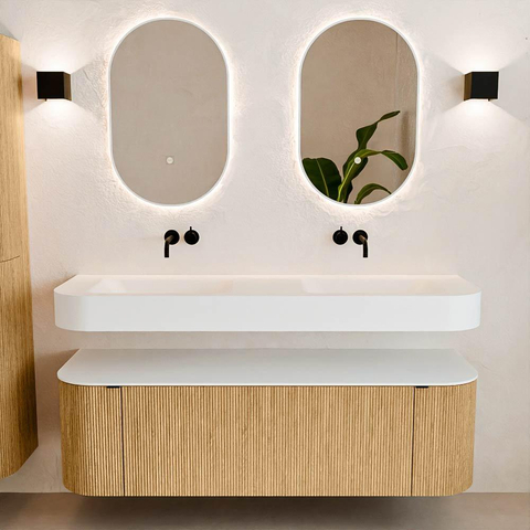 MONDIAZ THOR 150cm badmeubel ronding links + rechts kleur Oak met 1 lade en 2 deuren. Vrijhangende wastafel CLOUD Dubbel zonder kraangat kleur Talc. SW1464564
