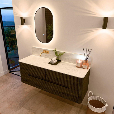 Mondiaz CIRO-DLUX Ensemble de meubles de salle de bains - 140x45x50cm - plan-vasque solid surface Opalo - 1 vasque à gauche - sans trous de robinetterie - 4 tiroirs - Shadow SW1532419