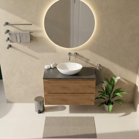 Saniclass Holz Atelier Badkamermeubelset - 100x45x63cm - Noche basalten wastafelblad gepolijst (zwart) - zonder kraangat - 2 lades - mat eiken natural (hout) SW1478548