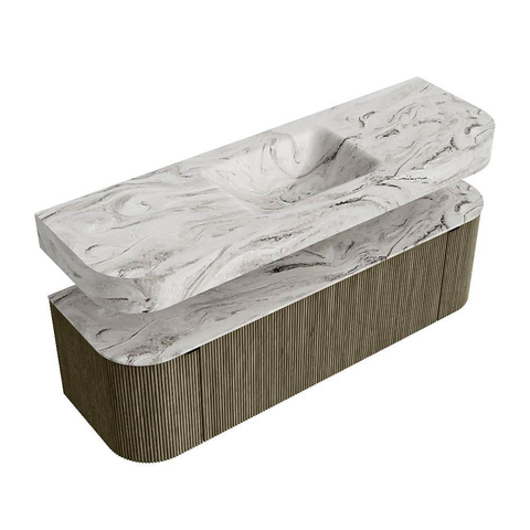 MONDIAZ THOR-DLUX 150cm meuble de salle de bains arrondi gauche + droite couleur Shadow avec 1 tiroir et 2 portes. Vasque suspendue CLOUD Milieu 1 trou de robinet couleur Glace. SW1464868