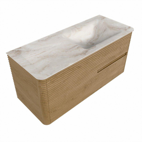 Mondiaz CIRO-DLUX Meuble de salle de bains - 110x45x50cm - lavabo solid surface Frappe - 1 vasque à droite - sans trous de robinetterie - 2 tiroirs - Chêne SW1530889
