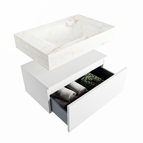 Mondiaz ALAN-DLUX Ensemble de meuble - 70cm - meuble Talc mat - 1 tiroir - Lavabo Cloud Frappe suspendu - vasque Centre - 1 trou de robinet SW805123