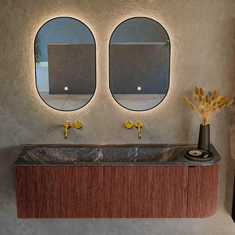 Mondiaz KURVE-DLUX Ensemble de meubles de salle de bains - 145x46x40cm - 1 tiroir - 1 porte - lavabo solid surface - gauche - sans trou de robinet - Ruby SW1416056