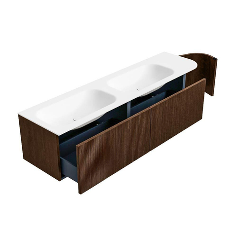 MONDIAZ KURVE 175cm meuble de salle de bains avec module 25 R couleur Walnut avec 2 tiroirs et 1 porte. Lavabo BIG SMALL double / gauche 2 trous de robinet Talc. SW1138338
