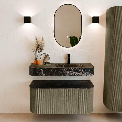 MONDIAZ THOR-DLUX 100cm meuble de salle de bains arrondi gauche + droite couleur Shadow avec 1 tiroir et 2 portes. Vasque suspendue CLOUD Droite 1 trou de robinet couleur Lava. SW1467584