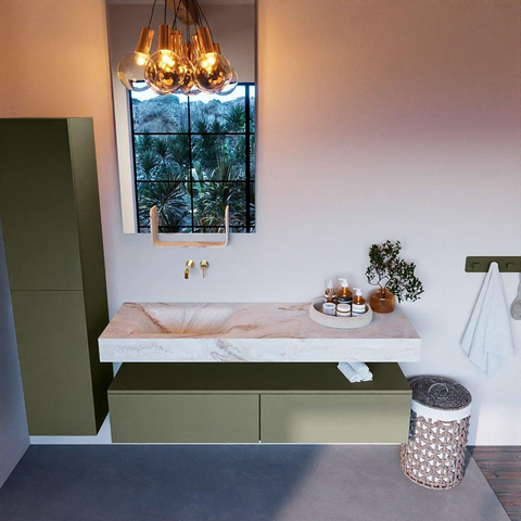 Mondiaz ALAN-DLUX Ensemble de meuble - 150cm - meuble Army mat - 2 tiroirs - Lavabo Cloud Frappe suspendu - vasque Gauche - 0 trous de robinet SW804726