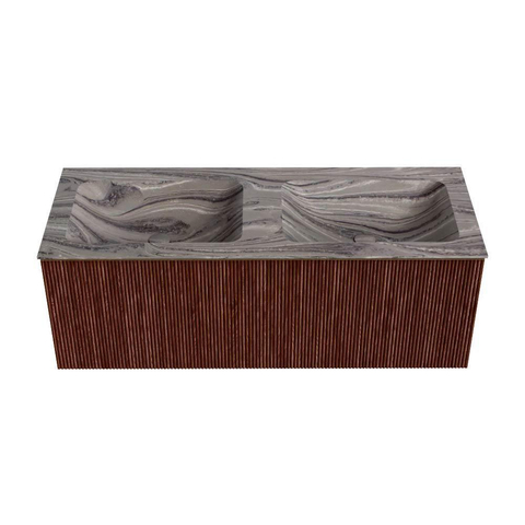MONDIAZ KURVE-DLUX Meuble de salle de bains 120 cm couleur Ruby avec 1 tiroir et 0 porte. Lavabo LEAF Double 2 trous de robinet Sombra. SW1433984
