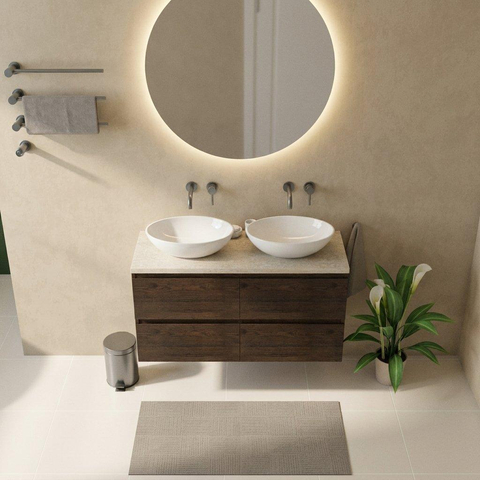 Saniclass Holz Pure Badkamermeubelset - 120x45x63cm - Travertine natuurstenen topblad - zonder kraangat - 4 lades - mat eiken charcoal (hout) SW1478882