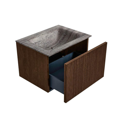 MONDIAZ KURVE-DLUX 60cm badmeubel kleur Walnut met 1 lade en 0 deuren. Wastafel CLOUD Midden zonder kraangat Oza. SW1432701