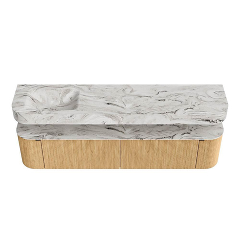 MONDIAZ THOR-DLUX 200cm meuble de salle de bains arrondi gauche + droite couleur Oak avec 2 tiroirs et 2 portes. Vasque suspendue CLOUD Gauche 1 trou de robinet couleur Glace. SW1466937
