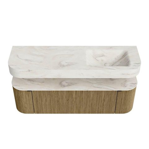 MONDIAZ THOR-DLUX 150cm meuble de salle de bains arrondi gauche + droite couleur Dusk avec 1 tiroir et 2 portes. Vasque suspendue CLOUD Droite 1 trou de robinet couleur Ostra. SW1464547