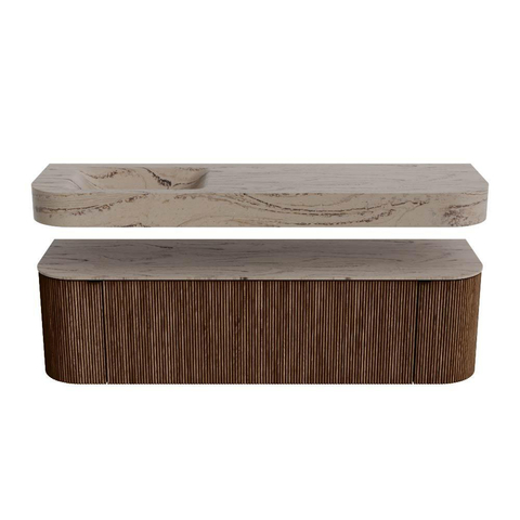 MONDIAZ THOR-DLUX 160cm meuble de salle de bains arrondi gauche + droite couleur Walnut avec 1 tiroir et 2 portes. Vasque suspendue CLOUD Gauche 1 trou de robinet couleur Arena. SW1465122