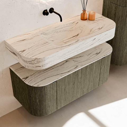 MONDIAZ THOR-DLUX Meuble de salle de bains 110cm arrondi gauche + droite couleur Shadow avec 1 tiroir et 2 portes. Vasque suspendue CLOUD Milieu sans trou de robinet couleur Nata. SW1463004