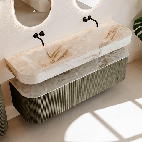 MONDIAZ THOR-DLUX 160cm badmeubel ronding links + rechts kleur Shadow met 1 lade en 2 deuren. Vrijhangende wastafel CLOUD Dubbel zonder kraangat kleur Frappe. SW1465085