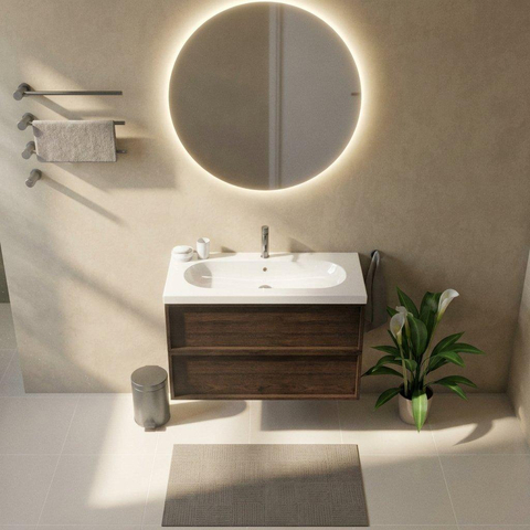 Saniclass Holz Frame Ensemble meuble de salle de bains - 100x45x63.5cm - Palermo lavabo en céramique blanc - 1 vasque - 1 trou de robinet - 2 tiroirs - chêne charcoal mat (bois) SW1579716