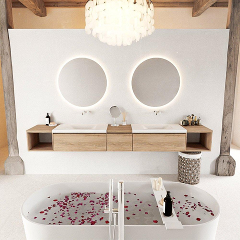 MONDIAZ BUKLA 280cm ensemble de meuble avec module ouvert 40 L+R couleur Chêne blanchi avec 3 tiroirs. Lavabo CLOUD double 0 trou de robinet couleur Talc. SW1382292
