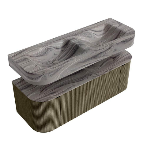 MONDIAZ THOR-DLUX Meuble de salle de bains - 130cm - arrondi gauche + droite - couleur Shadow - 1 tiroir - 2 portes - Vasque suspendue CLOUD Double sans trou de robinet - couleur Sombra SW1463887