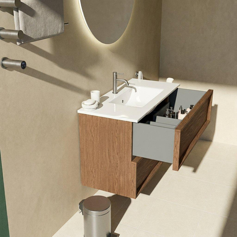 Saniclass Holz Frame Ensemble de meubles de salle de bains - 100x45x62cm - Vygo lavabo en céramique blanc - 1 vasque - 1 trou de robinetterie - 2 tiroirs - walnut pure mat (bois) SW1580112