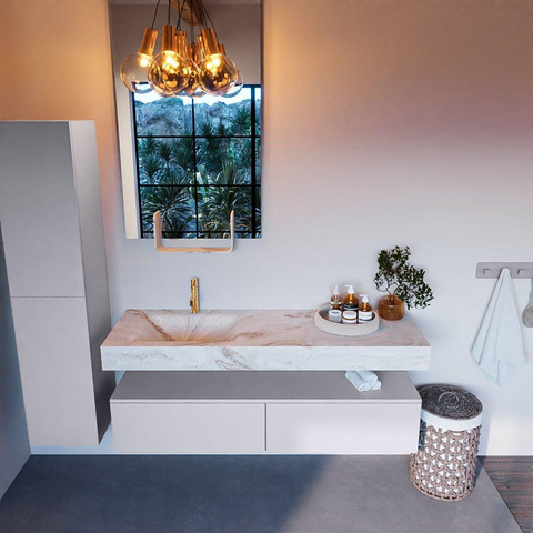 Mondiaz ALAN-DLUX Ensemble de meuble - 150cm - meuble Cale mat - 2 tiroirs - Lavabo Cloud Frappe suspendu - vasque Gauche - 1 trou de robinet SW804843