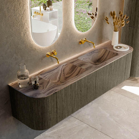 MONDIAZ KURVE-DLUX Meuble de salle de bains 180cm arrondi à gauche + à droite couleur Shadow avec 2 tiroirs et 2 portes. Lavabo LEAF Double sans trou de robinet Sombra. SW1433801