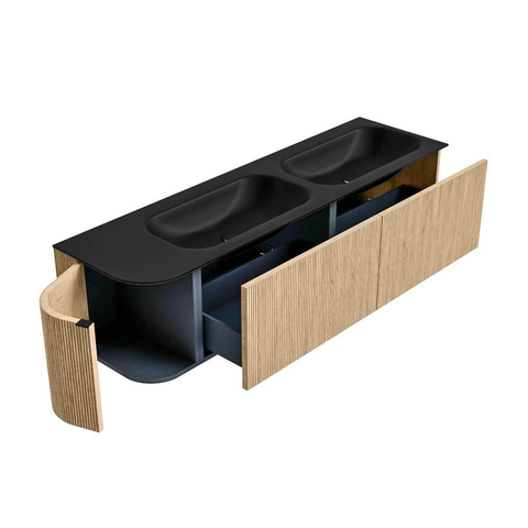 MONDIAZ KURVE 165cm meuble de salle de bains avec module 25 L couleur Oak avec 2 tiroirs et 1 porte. Lavabo BIG SMALL double / droite 2 trous de robinet Urban. SW1138418