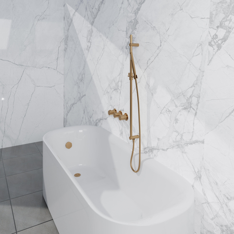 Fortifura Nebbio Ensemble combiné bain - mitigeur thermostatique - barre de douche avec coude mural intégré - flexible de douche lisse - douchette à main sur barre - Remplissage-vidage de baignoire - laiton brossé PVD (or) SW1238066