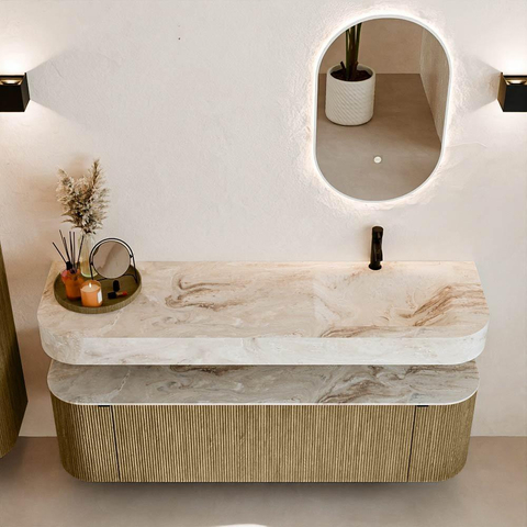 MONDIAZ THOR-DLUX Meuble de salle de bains 160cm arrondi gauche + droite couleur Dusk avec 1 tiroir et 2 portes. Vasque suspendue CLOUD Droite 1 trou de robinet couleur Frappe. SW1465036