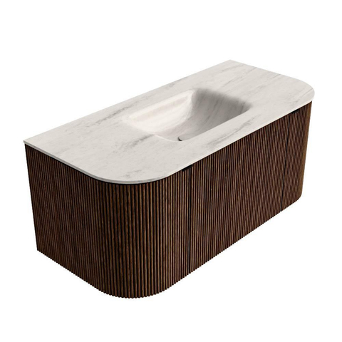 MONDIAZ KURVE-DLUX Meuble de salle de bains 100cm arrondi Gauche + Droite couleur Walnut avec 1 tiroir et 2 portes. Lavabo GRUNNE Central sans trou de robinet Meli. SW1434027