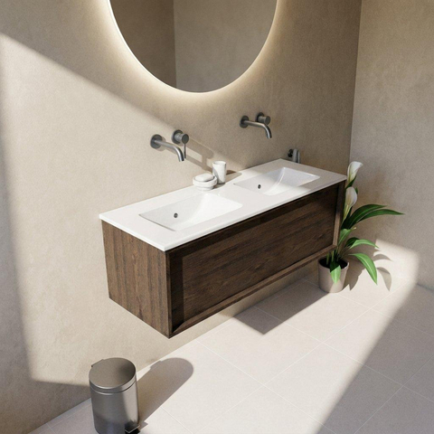Saniclass Holz Frame Badkamermeubelset - 120x45x42cm - Vygo keramische wastafel wit - 2 wasbakken - zonder kraangaten - 1 lade - mat eiken charcoal (hout) SW1437753