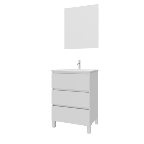Saniclass Chaci PLUS Meuble de salle de bain - 60x86x46cm - lavabo en céramique blanc - 1 vasque ovale - 1 trou de robinet - 3 tiroirs - miroir rectangulaire - blanc mat SW926036