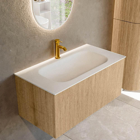 MONDIAZ KURVE Meuble de salle de bains 90 cm couleur Oak avec 1 tiroir. Lavabo BIG SMALL centré 1 trou de robinet Talc. SW1138168