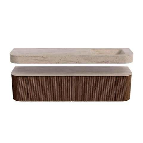 MONDIAZ THOR-DLUX 180cm meuble de salle de bains arrondi gauche + droite couleur Walnut avec 2 tiroirs et 2 portes. Vasque suspendue CLOUD droite sans trou de robinet couleur Saba. SW1466323