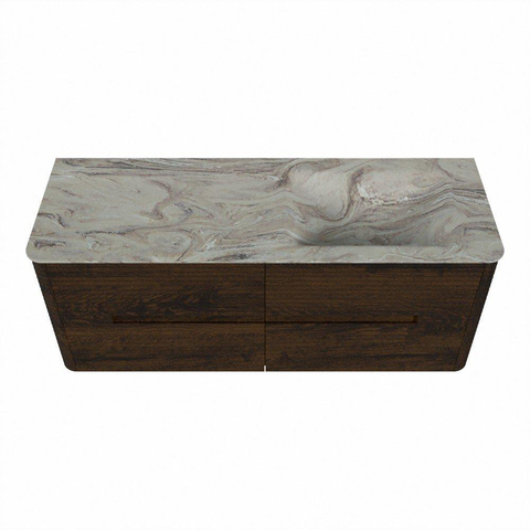 Mondiaz CIRO-DLUX Ensemble de meubles de salle de bains - 130x45x50cm - vasque solid surface Glace - 1 vasque à droite - 1 trou de robinet - 4 tiroirs - Noyer SW1530237