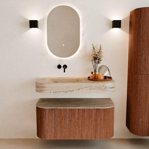 MONDIAZ THOR-DLUX 100cm meuble de salle de bains arrondi gauche + droite couleur Ruby avec 1 tiroir et 2 portes. Vasque suspendue CLOUD gauche sans trou de robinet couleur Arena. SW1467458