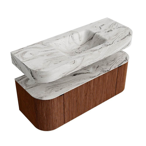 MONDIAZ THOR-DLUX 120cm meuble de salle de bains arrondi gauche + droite couleur Ruby avec 1 tiroir et 2 portes. Vasque suspendue CLOUD Milieu sans trou de robinet couleur Glace. SW1463158