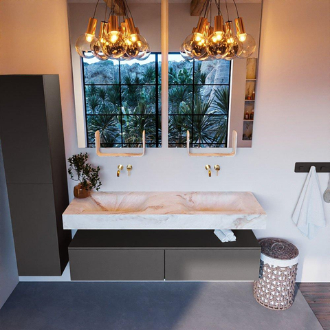 Mondiaz ALAN-DLUX Ensemble de meuble - 150cm - meuble Dark grey mat - 2 tiroirs - Lavabo Cloud Frappe suspendu - vasque Gauche et droite - 0 trous de robinet SW805035
