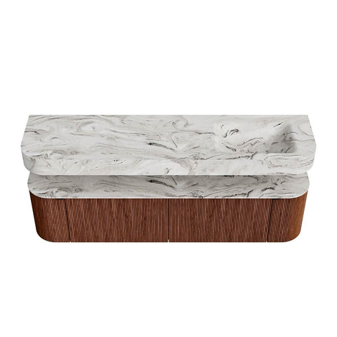 MONDIAZ THOR-DLUX 180cm meuble de salle de bains arrondi gauche + droite couleur Ruby avec 2 tiroirs et 2 portes. Vasque suspendue CLOUD droite sans trou de robinet couleur Glace. SW1466074