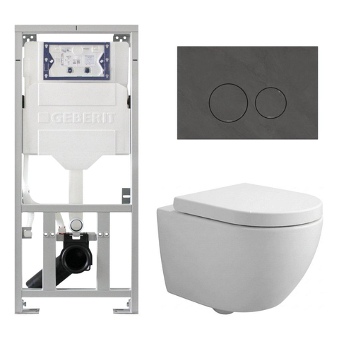Pack WC QeramiQ Dely Swirl Compact - réservoir encastrable Geberit UP320 - avec bâti-support Burda - abattant 25 mm - plaque de commande en pierre naturelle marbre foncé - boutons ronds - blanc mat SW1595677