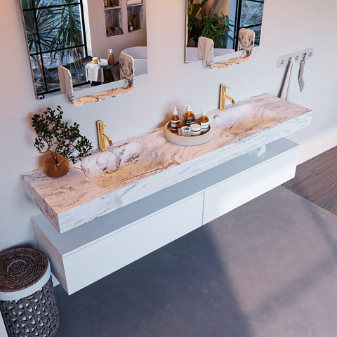 Mondiaz ALAN-DLUX Ensemble de meuble - 200cm - meuble Talc mat - 2 tiroirs - Lavabo Cloud Glace suspendu - vasque Gauche et droite - 2 trous de robinet SW804866