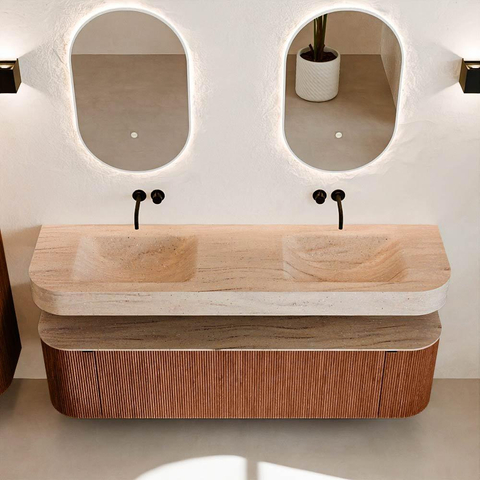 MONDIAZ THOR-DLUX 170cm meuble de salle de bains arrondi gauche + droite couleur Ruby avec 1 tiroir et 2 portes. Vasque suspendue CLOUD Double sans trou de robinet couleur Saba. SW1465748