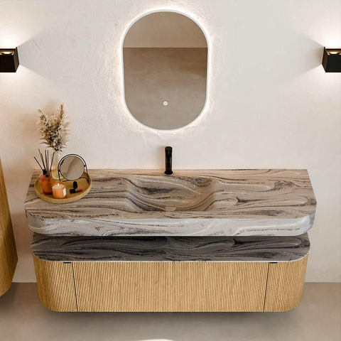 MONDIAZ THOR-DLUX 160cm meuble de salle de bains arrondi gauche + droite couleur Oak avec 1 tiroir et 2 portes. Vasque suspendue CLOUD Milieu 1 trou de robinet couleur Sombra. SW1465367