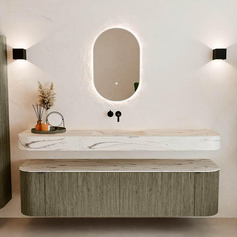 MONDIAZ THOR-DLUX 180cm meuble de salle de bains arrondi gauche + droite couleur Shadow avec 2 tiroirs et 2 portes. Vasque suspendue CLOUD Milieu sans trou de robinet couleur Nata. SW1466214