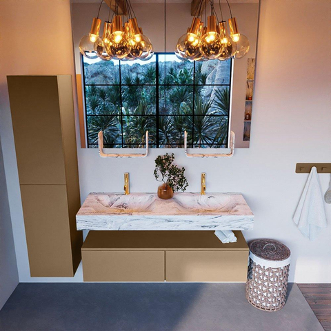 Mondiaz ALAN-DLUX Ensemble de meuble - 130cm - meuble Oro mat - 2 tiroirs - Lavabo Cloud Glace suspendu - vasque Gauche et droite - 2 trous de robinet SW806129