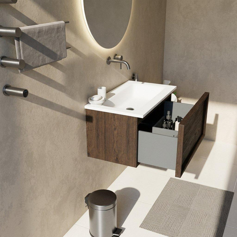 Saniclass Holz Frame Badkamermeubelset - 80x45x57.5cm - Torino solid surface wastafel wit - zonder kraangat - 1 lade - mat eiken charcoal (hout) SW1478652