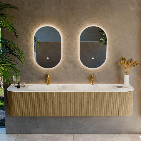 Mondiaz KURVE-DLUX Ensemble de meuble de salle de bains - 200x46x40cm - 2 tiroirs - 2 portes - vasque solid surface - double - 2 trous de robinet - Dusk SW1416110
