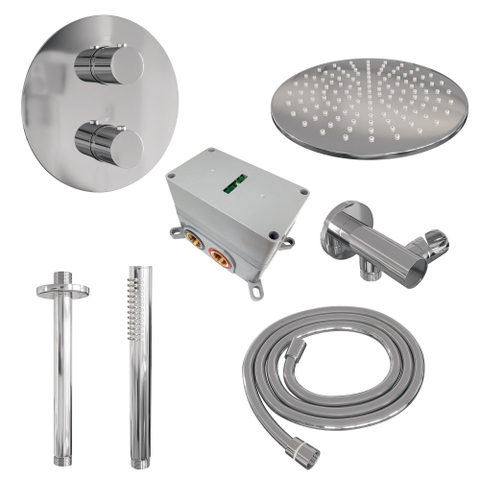 BRAUER Chrome Edition douche de pluie encastrée thermostatique - 3 voies - rond - set 78 - pomme de douche 30 cm - bras de plafond - douchette barre - flexible de douche - coude mural - chrome SW1158993