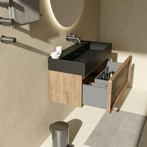 Saniclass Holz Frame Badkamermeubelset - 100x45x52cm - Legend keramische wastafel mat zwart - 1 wasbak - zonder kraangat - 1 lade - mat eiken natural (hout) SW1579680